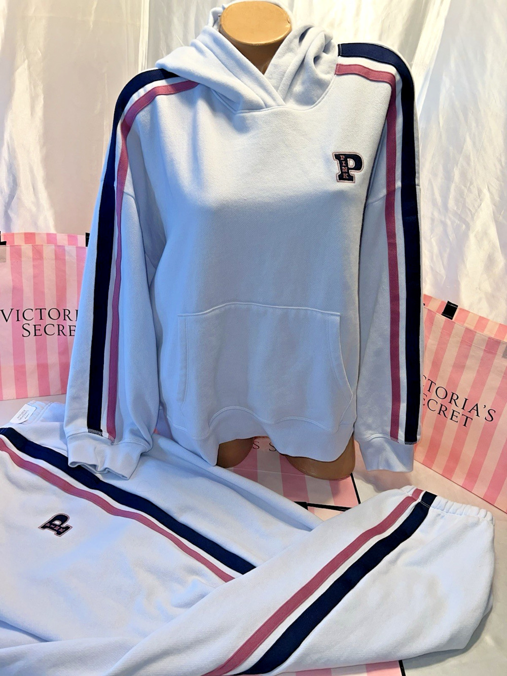 Victorias Secret PINK Hoodie Jogger Relaxed Fit Light Blue Striped Arms XXL
